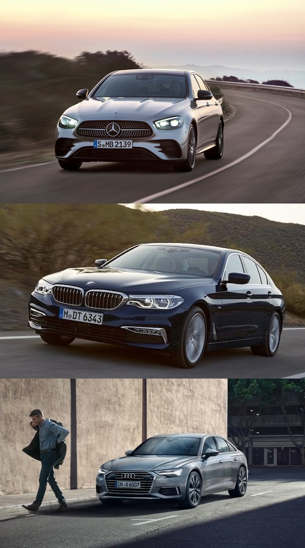 독일 3사 국내 대표 셀링 차량. (맨위부터) 벤츠 E클래스, BMW 520d, 아우디 A6. [사진=각사]