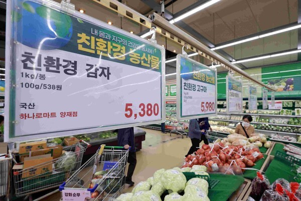 지난 9일 서울 서초구 하나로마트 양재점에서 친환경농산물을 판매하고 있다. [사진=연합뉴스]