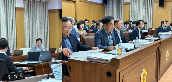 이재경 대전시의회 의원(왼쪽)이 18일 예산결산특별위원회에서 고현덕 대전시 교육정책전략국장에게 질의를 하고 있다. 전일홍 문화관광국장(오른쪽)이 이한영 대전시의회 의원의 질문에 답변하고 있다. [사진= 조준영 기자]