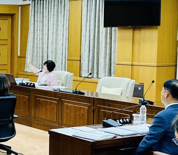 안경자 대전시의원이 9월 11일 대전시의회 제290회 임시회 행정자치위원회 회의에서 ‘2026년도 문화예술관광분야 출연 동의안’ 표결 과정에 반대 거수를 하고 있다. 이날 안 의원은 위원 중 유일하게 반대표를 던졌다. [사진= 굿모닝경제 조준영 기자]